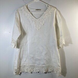 Womens Marina Gigli Linen Embroidered Tunic V Neck White M Made In‎ Italy
